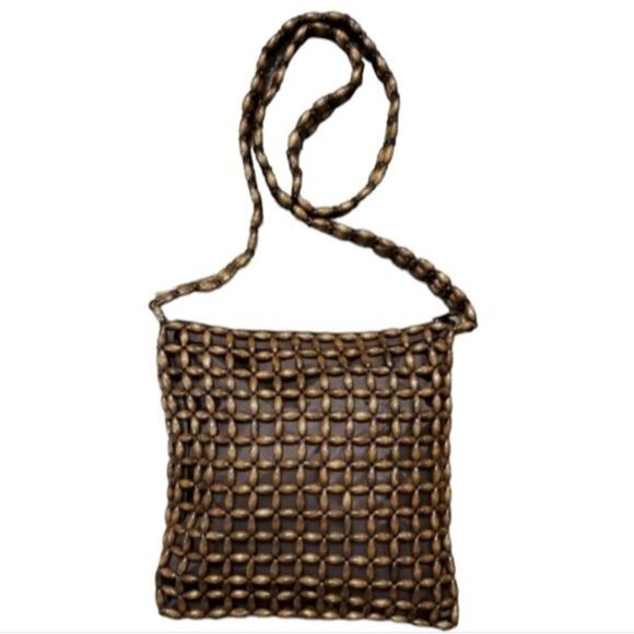 Vintage Wood Bead Beaded Bag Crossbody Shoulder Handbag Purse WOMAN'S WOMEN'S - Picture 1 of 9